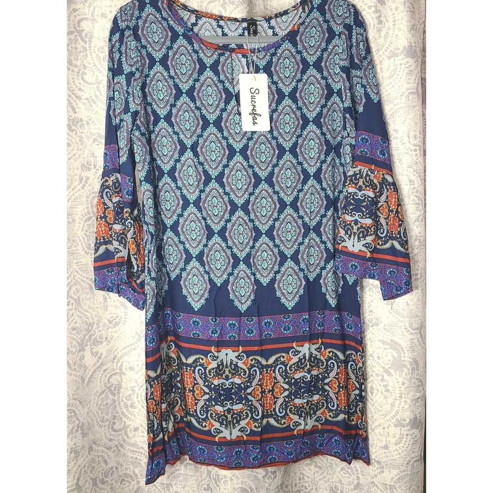 NWT Boutique Shift‎ Dress Womens Medium Blue Boho Paisley Bell Sleeve Viscose